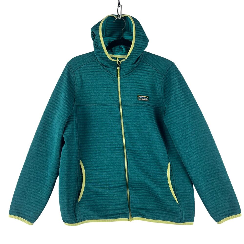 LL Bean Womens Airlight Knit Full Zip Hoodie Jacket SZ L Teal Lime Trim